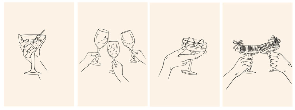 Hand drawn cocktails posters. Cheers set with hands holding glasses at party celebration. Italian style dinner party. Ink doodle wine, margarita or cocktails for wedding invitations, menus, placards