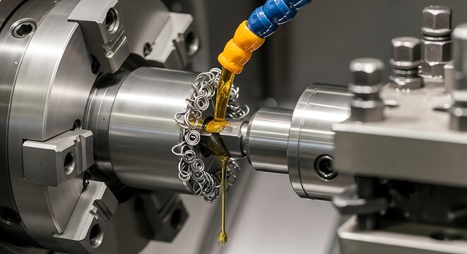 Close up of C N C lathe machine cutting metal springs with oil lubrication