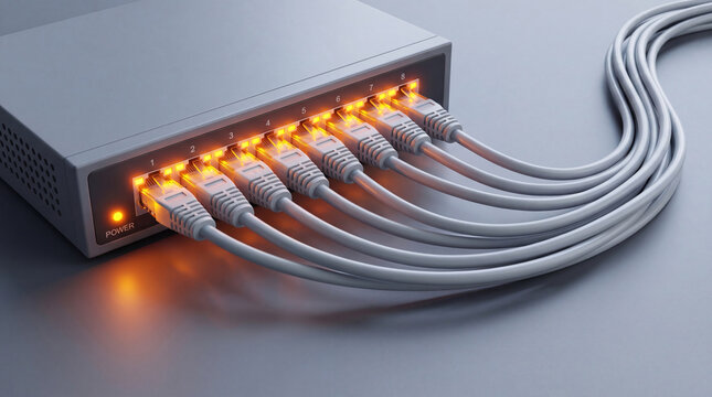 Grey network switch router with eight ports fully occupied by grey ethernet cables showing glowing orange status lights on a smooth grey background