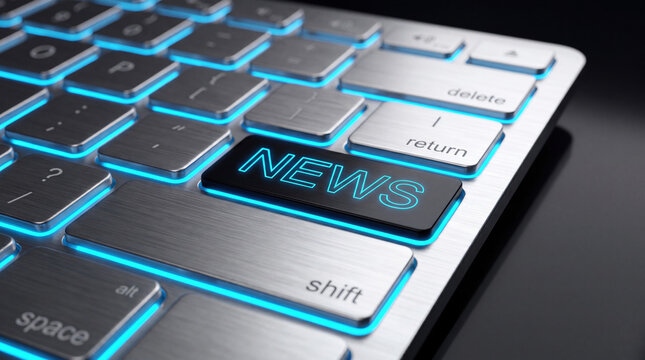 Close-up of a modern metallic computer keyboard featuring a prominent black key labeled with glowing blue text that reads NEWS surrounded by brushed aluminum keycaps with blue backlighting