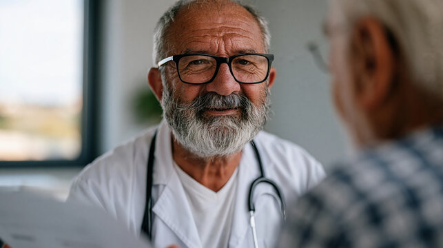 Over the shoulder view of geriatric specialist reviewing a hormone optimization treatment timeline with an older male patient in a clean clinical examination room, testosterone management aging men 