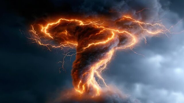 A Mesmerizing Display of Nature's Fury: A Twisting, Electrifying Tornado Surrounded by Ominous Clouds and Stunning Lightning Strikes