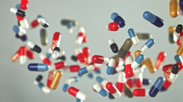 Multicolor capsules spiraling across neutral backdrop, dynamic motion Filmed on a high-speed camera at 1000 fps.