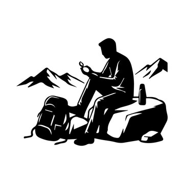 Hiker Silhouette Resting on Rock - Sitting Backpacker Checking Compass with Mountains Vector Graphic