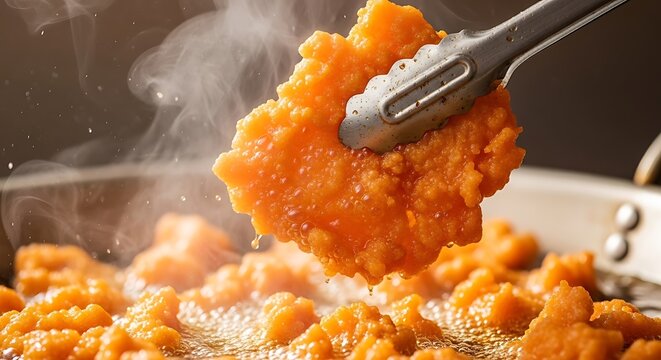 Tong tip lifting golden orange deep fried tofu chunks from a pan