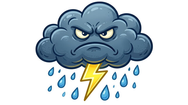 Angry storm cloud character with lightning bolt and rain isolated on transparent background