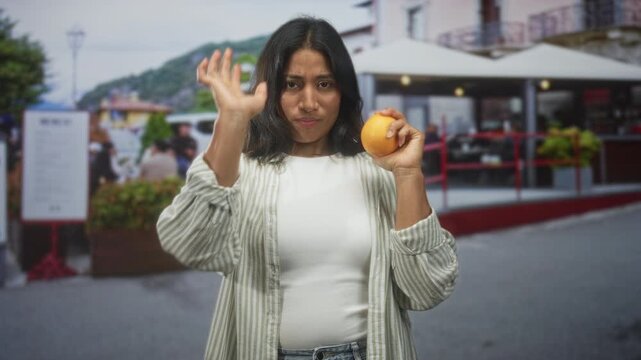 Young woman holds orange in right hand and extends left palm forward in street cafe scene, making a stop gesture; defiance resilience.