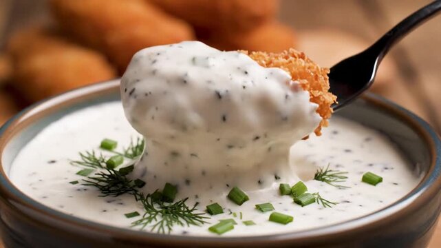 Breaded golden-brown fried croquette held by a black fork, being dipped into a creamy white garlic sauce garnished with fresh dill and chopped chives in a blue ceramic bowl.