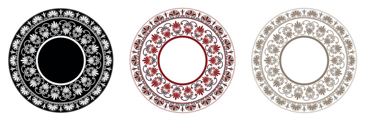 Collection of decorative round frames for design with Greek key, meander. Egyptian, Assyrian, Greek motif circular frame. Circle frame. Ceramic plates set with floral motifs. For textile, engraving, e © z_olga_art