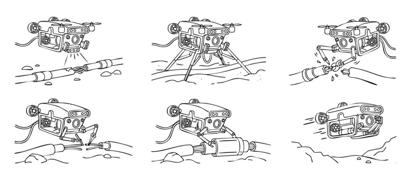 Underwater drone cable repair set, black and white line art vector of submarine ROV inspecting, cutting, splicing, and maintaining deep sea fiber optic telecommunication cable on ocean floor seabed.