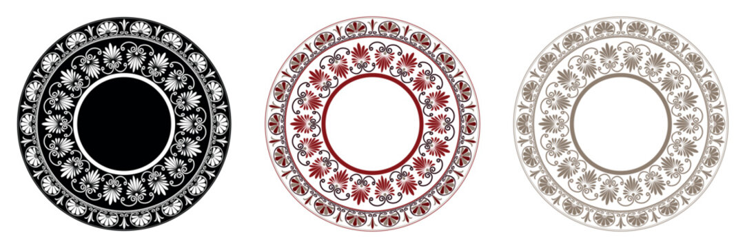 Collection of decorative round frames for design with Greek key, meander. Egyptian, Assyrian, Greek motif circular frame. Circle frame. Ceramic plates set with floral motifs. For textile, engraving, e