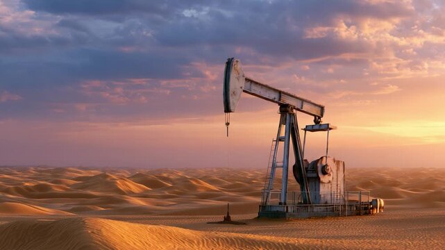 A solitary oil pumpjack stands prominently against a breathtaking desert sunset, capturing the stark contrast between nature's beauty and industrial progress in a stunning visual display.