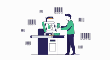 Fototapeta premium Self-checkout kiosk: customer scanning item at digital screen with bar codes