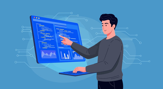 Programmer working on complex code on computer screen with data charts