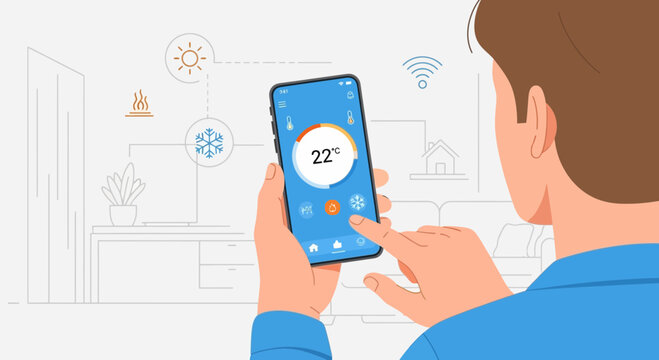 Smart Home Climate Control: Person using smartphone app for temperature adjustment