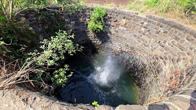 Water ripples outward inside a traditional stone stepwell following a large splash. White foam expands across the dark, disturbed surface, framed by weathered basalt block walls and wild green foliage
