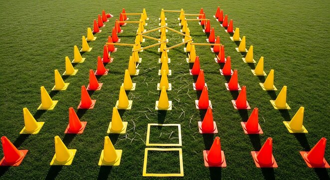 Aerial view of a training field with cones arranged in a grid pattern for sports drills.