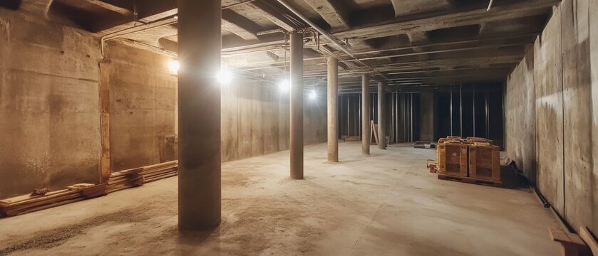 Construction site basement with concrete walls and pillars during the day without any furniture or decoration