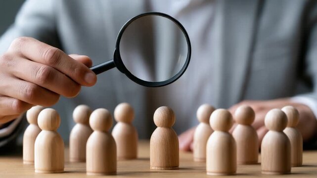 Analyzing Group Dynamics: A Focused Examination of Wooden Figures Under a Magnifying Glass, Representing Leadership and Decision-Making in a Professional Context