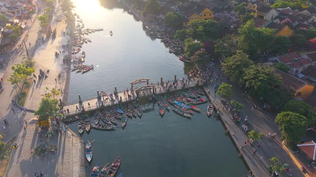 Aerial panoramic view of Hoi An city, Da Nang province, Vietnam. Panoramic footage of Hoian ancient town, UNESCO world heritage. One of the most travel popular touristic destinations 