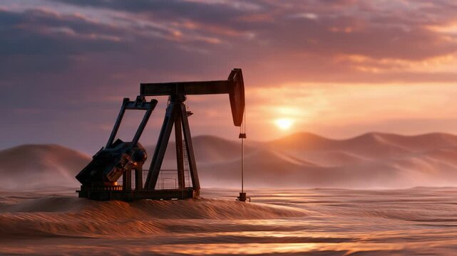 A striking visual of an oil pump jack gracefully silhouetted against the vibrant hues of a sunset, capturing the essence of energy extraction in a serene desert landscape.