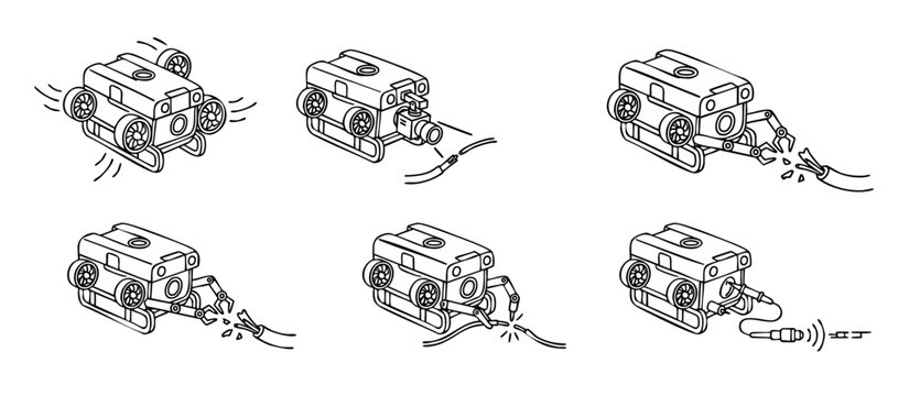 Underwater ROV robot vector icons performing deep sea cable repair work. Submarine drone line art set inspecting, cutting, welding, and testing subsea fiber optic cables in isometric outline style.