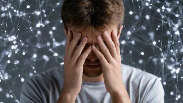 A Young Man Struggling with Overwhelming Stress and Anxiety Amid a Background of Complex Connections and Stressful Thoughts
