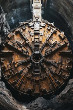 Large tunnel boring machine part seen in a dig site during construction work underground