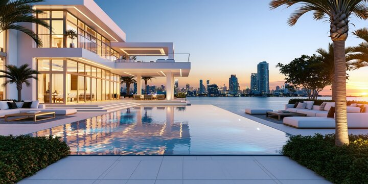 Miami luxury villa with infinity pool and outdoor living area overlooking city skyline at sunset