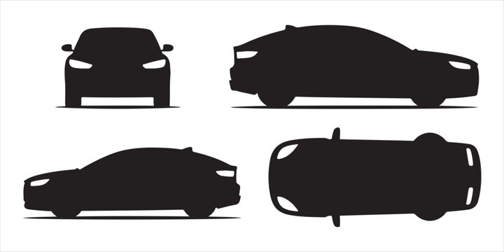 Modern sedan car silhouette set with front side back and top view for automotive design.