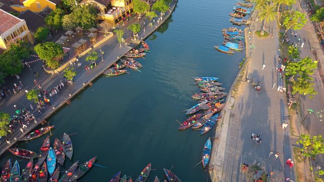 Aerial panoramic view of Hoi An city, Da Nang province, Vietnam. Panoramic footage of Hoian ancient town, UNESCO world heritage. One of the most travel popular touristic destinations 