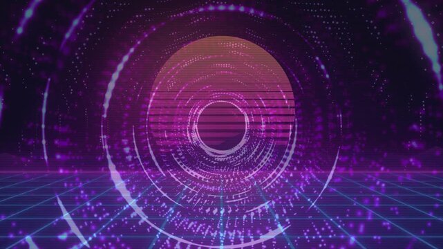 Vaporwave retro neon loop animation featuring magenta grid floor and glowing tunnel circles with 80s aesthetics sun.
