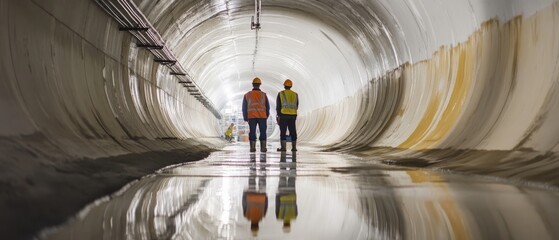 Fototapeta premium Workers inspect a large underground tunnel during construction in a city area in the afternoon light