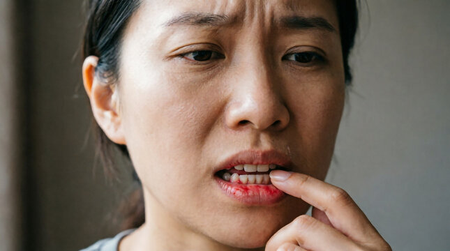 Woman examines bleeding gums in bathroom mirror raising critical oral health awareness concern.