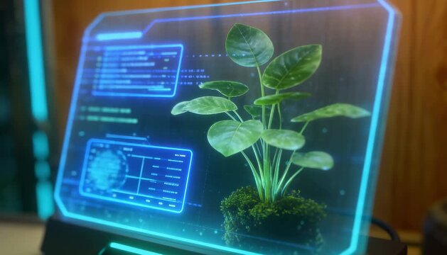 Scifi hologram screen close-up with changing data and 3D UI, futuristic biopunk plant with glowing root system, genetic analysis.
