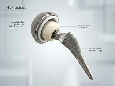 A total hip replacement (total hip arthroplasty), an advanced medical device used to replace a joint that is damaged or affected by severe osteoarthritis