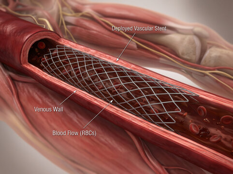 A vascular stent deployed inside a blood vessel, an interventional medical procedure to restore blood flow in a narrowed vessel