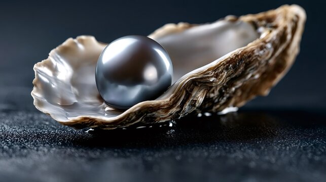 Glossy black pearl nestled in a natural oyster shell on a dark textured background, evoking rarity, refinement, oceanic beauty and hidden treasure in a minimalist still life