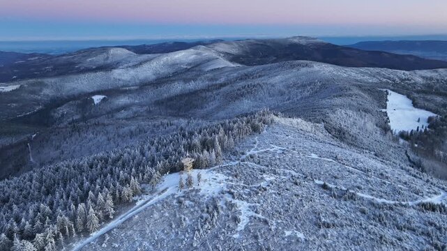 Winter Beskid Slaski Aerial Sideways Flight Barania Gora Observation Tower