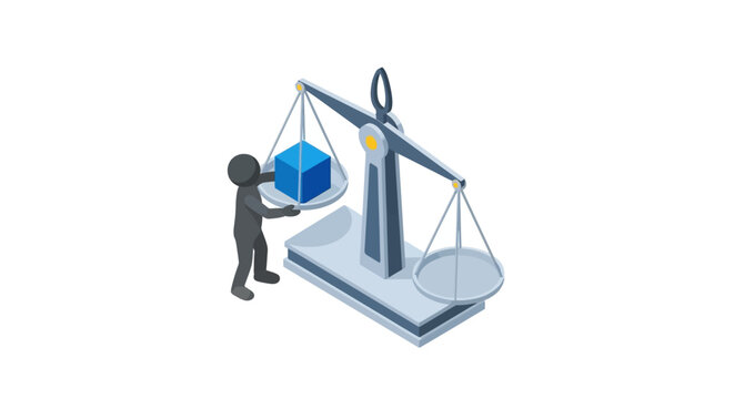 Cartoon figure balancing colorful block on scale model.