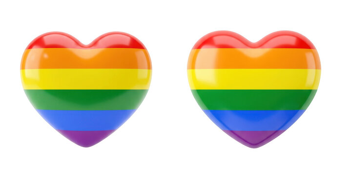 Two glossy 3d heart shapes with rainbow flag colors isolated on transparent background