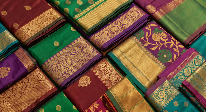 A collection of folded traditional Indian silk sarees in vibrant colors with intricate gold zari embroidery and paisley patterns.

