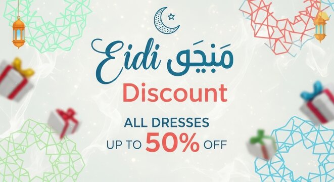 Eidi discount advertisement with colorful geometric patterns and gifts on a light background