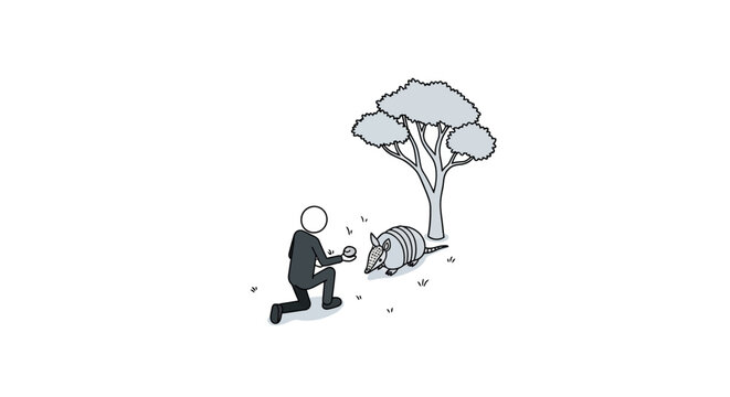 Whimsical illustration of man proposing to elephant under tree.