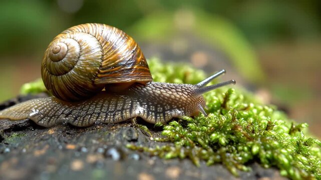 Snail moving over damp green moss on tree bark. Close up of gastropod slowly crawling in forest. Wildlife nature observation for biology and environmental study.