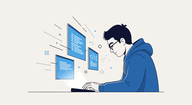 Young Programmer Working on Computer, Coding and Technology Concept