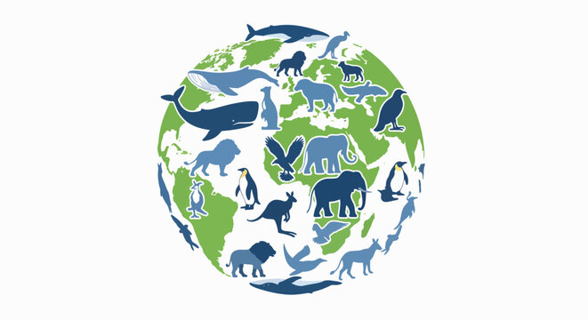 Illustration of a stylized globe featuring various animal silhouettes on a white background with green landmasses.