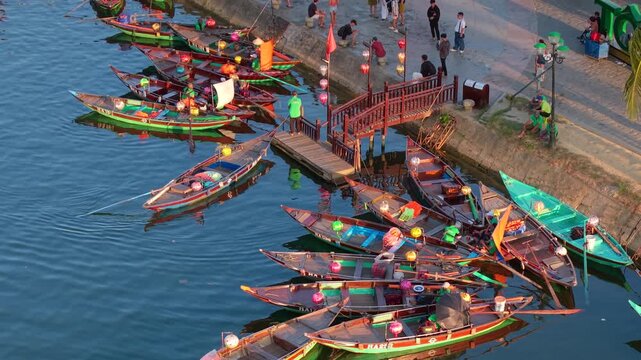 Aerial panoramic view of Hoi An city, Da Nang province, Vietnam. Panoramic footage of Hoian ancient town, UNESCO world heritage. One of the most travel popular touristic destinations 