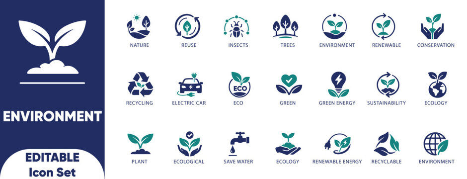 Environment icon set. climate change, sustainability, earth, renewable, environmental, illustration, ecology, green energy, and solid icons.