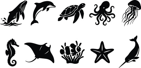 Ocean Sea Animal Silhouette Set Whale Dolphin Turtle Octopus Jellyfish Seahorse Black Vector © PoremolChandra